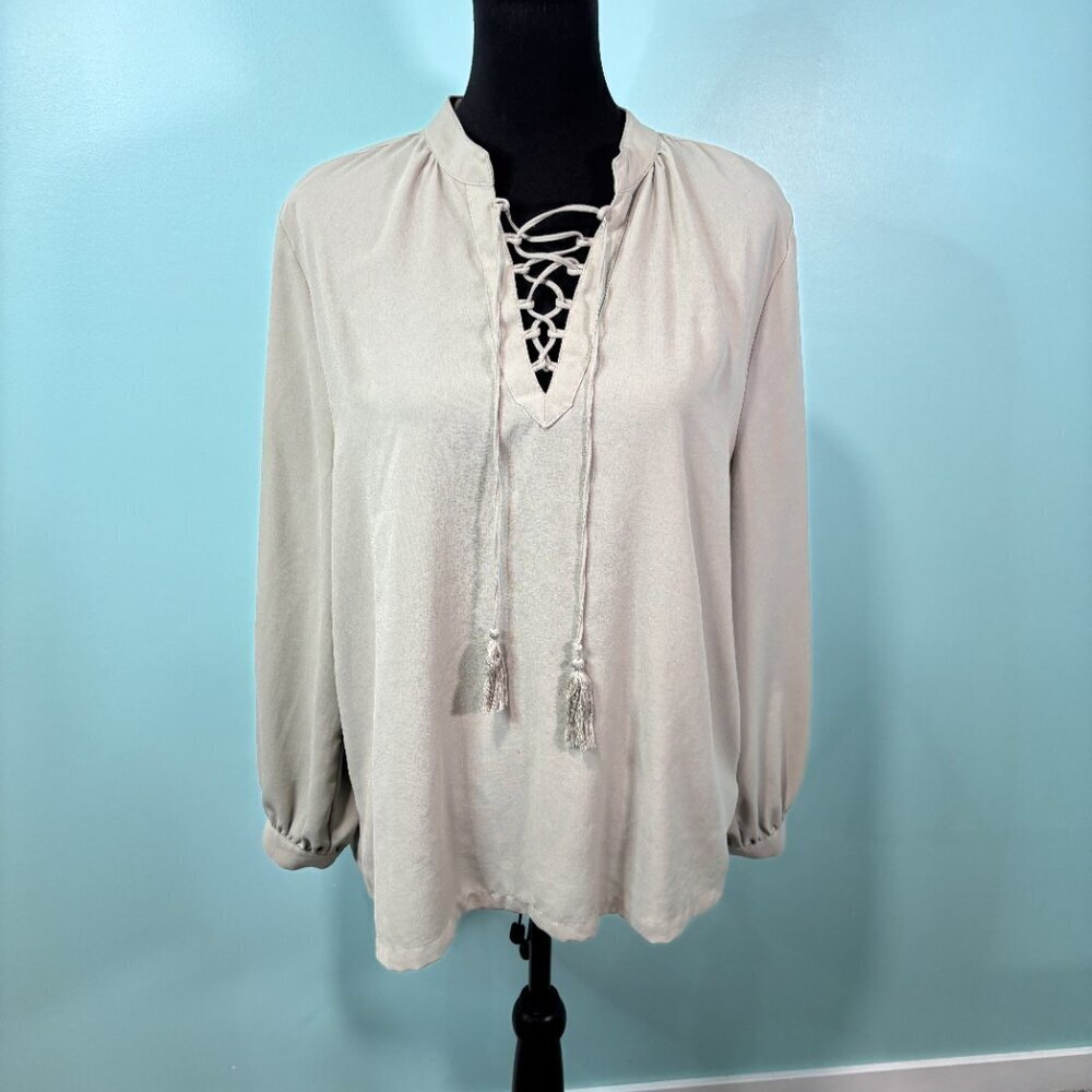 Silver Jeans Co. L Sage Green Lace-Up Tassel Long Sleeve Top Lot E